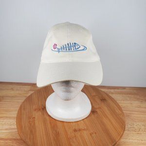 Fish Bone w Blue Pink Flower Embroidery Flexfit Ponytail Hole White Hat Wms OSFM